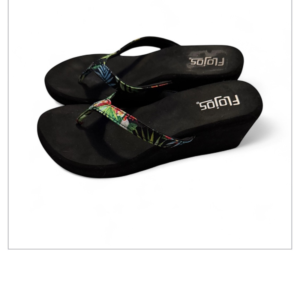 Flojos Black Wedge Sandals with Cushioned Sole floral print on straps - Picture 3 of 5